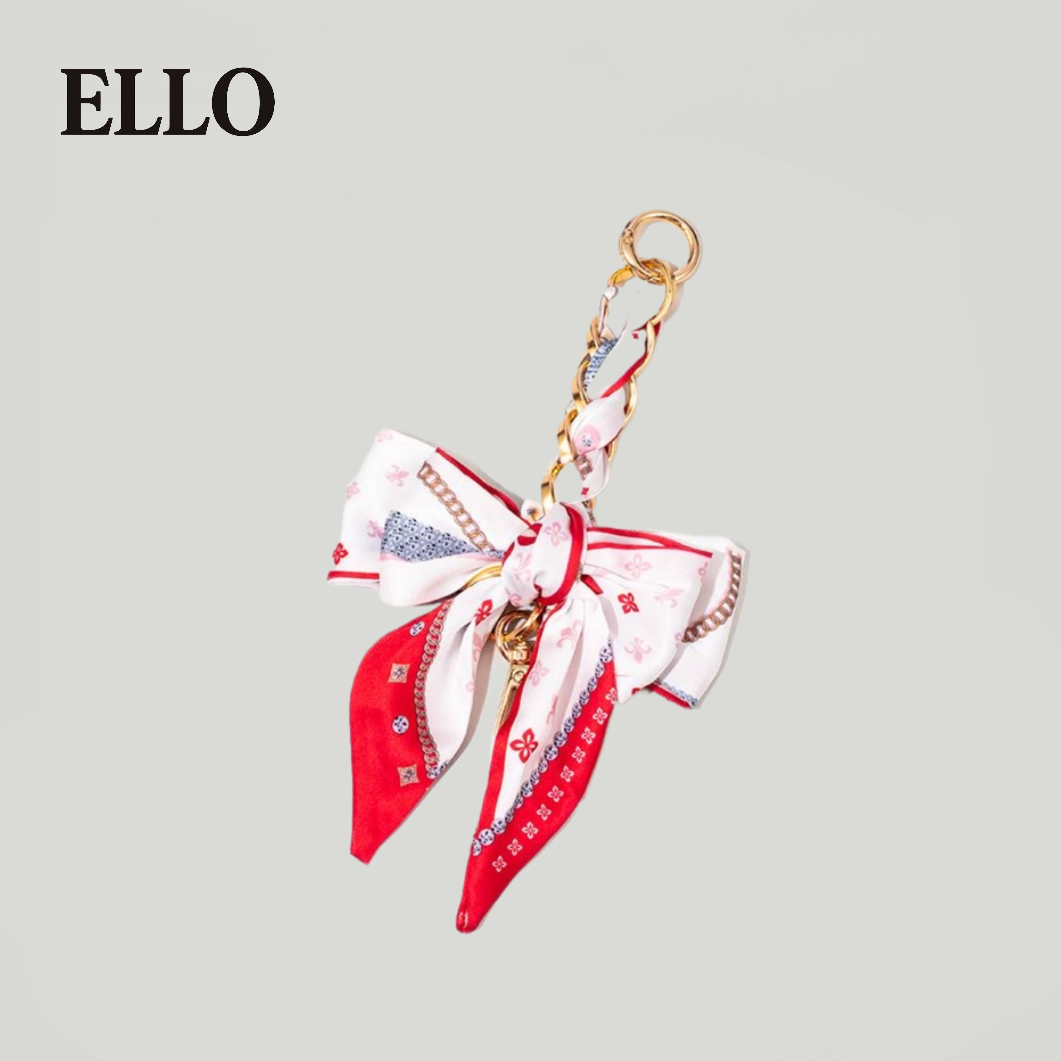 Elegant Bow Bag Charm – Floral Scarf Keychain with Gold Chain Accent, Stylish Purse Accessory for Women & Girls