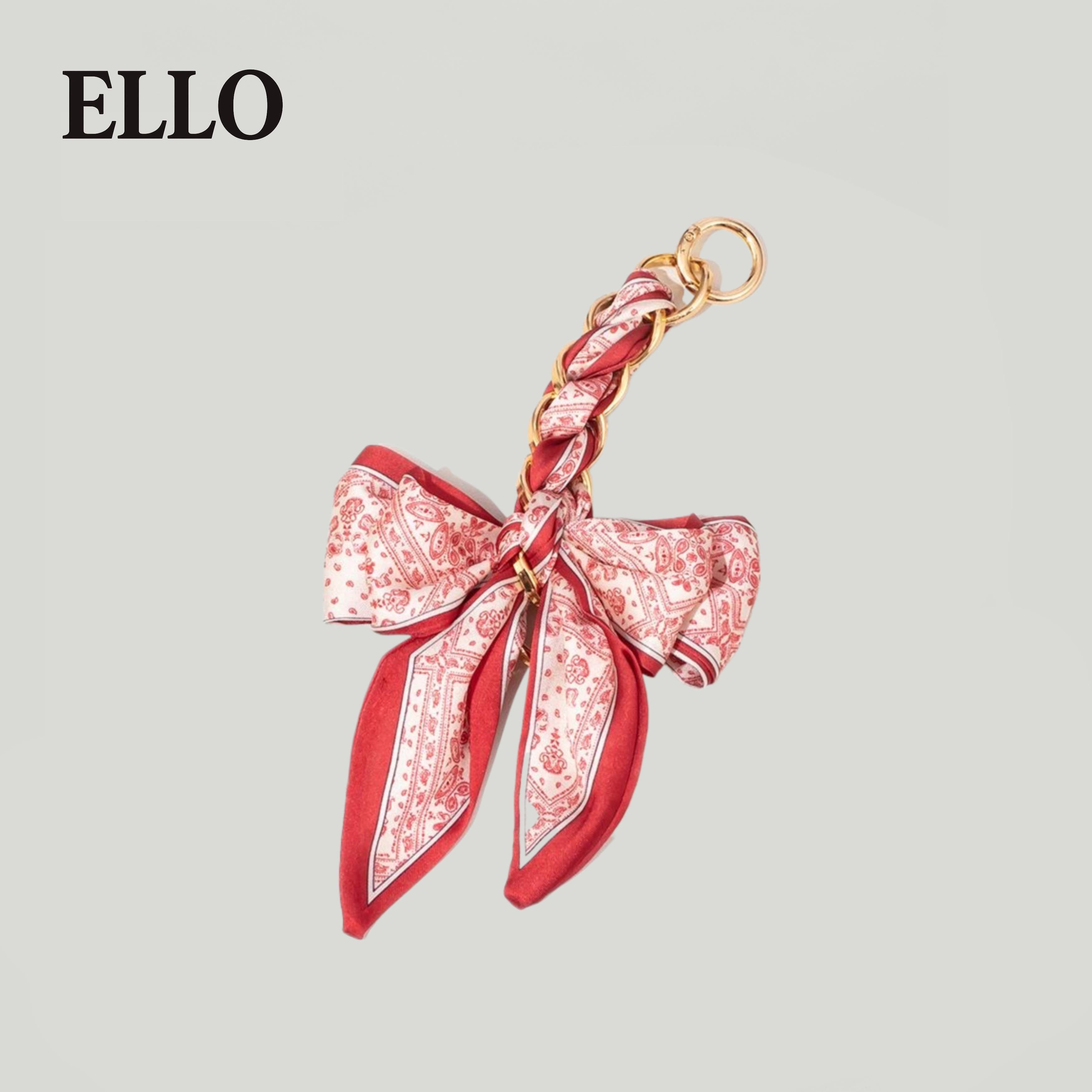 Elegant Bow Bag Charm – Floral Scarf Keychain with Gold Chain Accent, Stylish Purse Accessory for Women & Girls