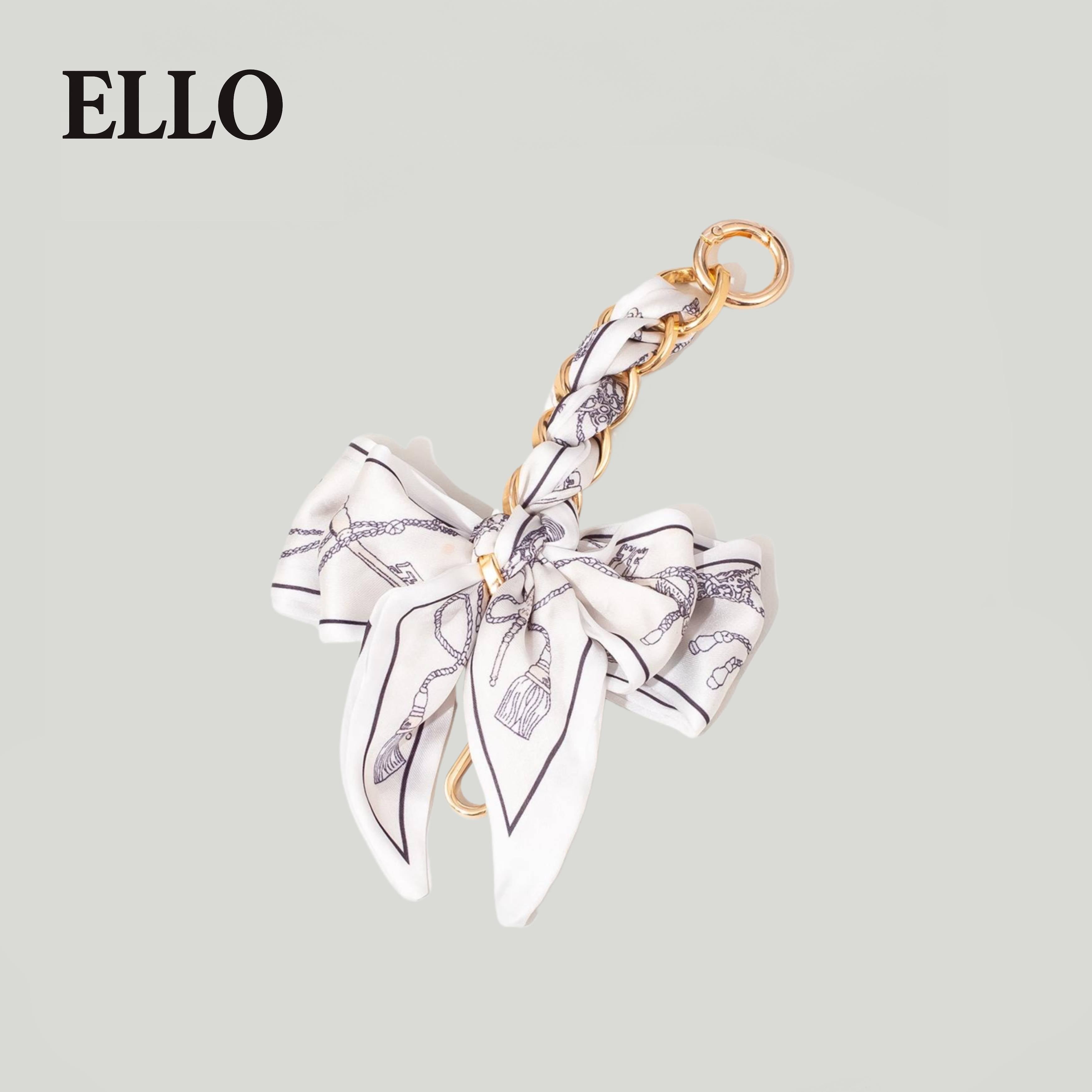 Elegant Bow Bag Charm – Floral Scarf Keychain with Gold Chain Accent, Stylish Purse Accessory for Women & Girls